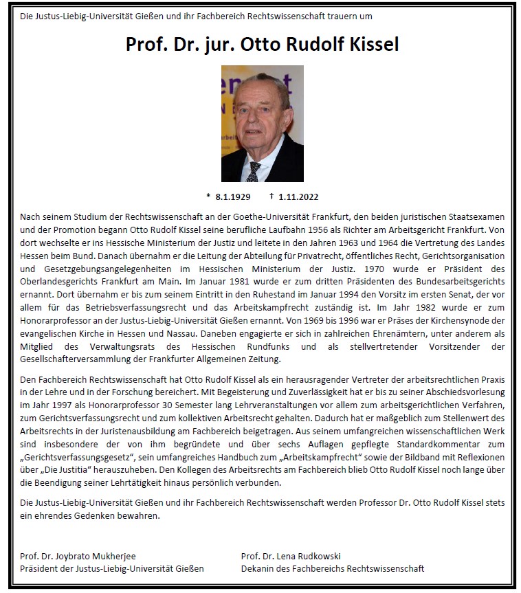 Traueranzeige Prof. Dr. jur. Otto Rudolf Kissel