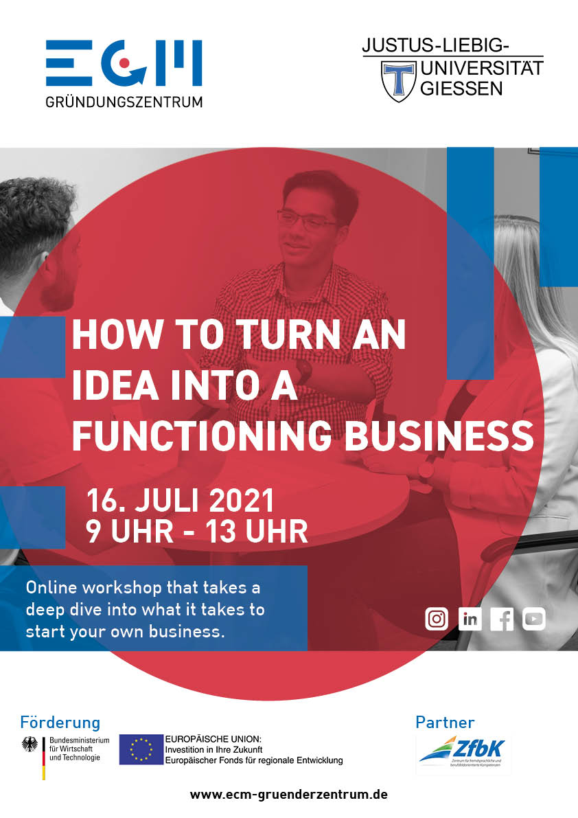 Poster for ECM workshop "How to turn an idea into a functioning business"