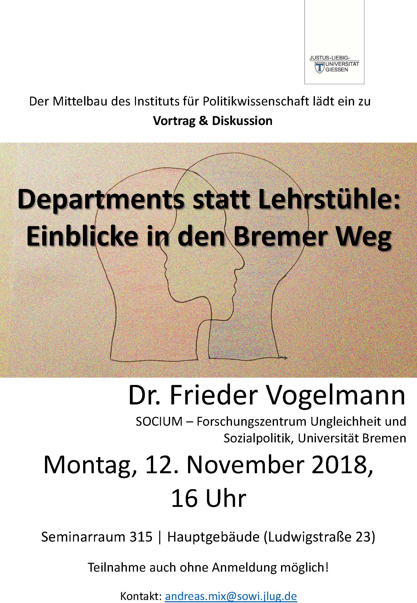 Poster: Ankündigung der Veranstaltung Departments statt Lehrstühle: Einblicke in den Bremer weg