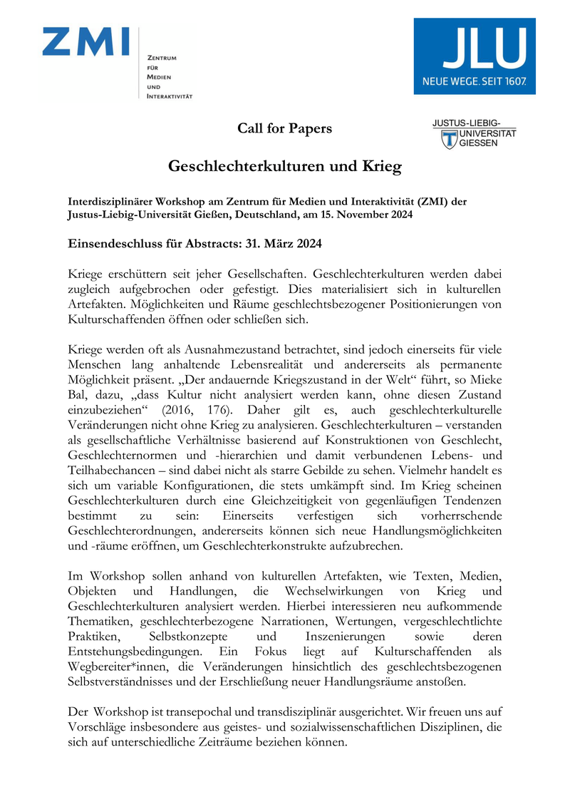 Call for Papers: Geschlechterkulturen und Krieg