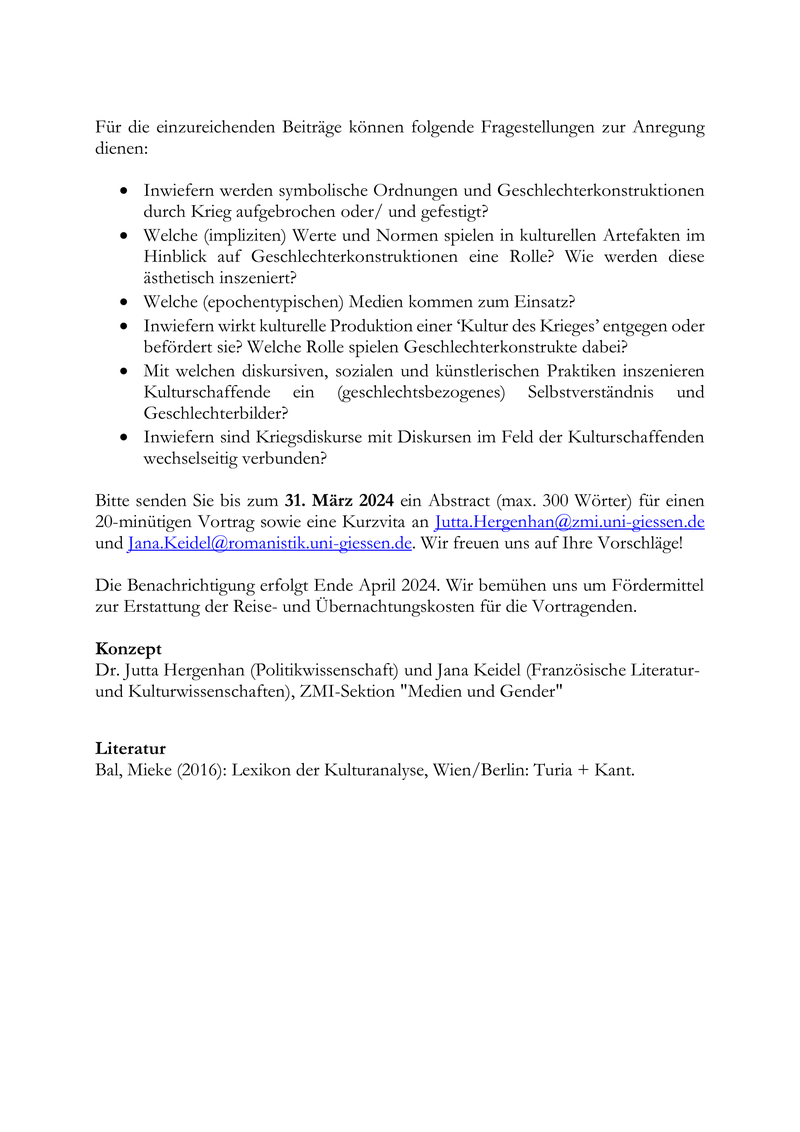 Call for Papers: Geschlechterkulturen und Krieg