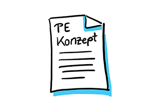 Grafik die einen Zettel darstellt mit der Aufschrift "PE-Konzept" / Graphic showing a piece of paper which has “XXX” written on it