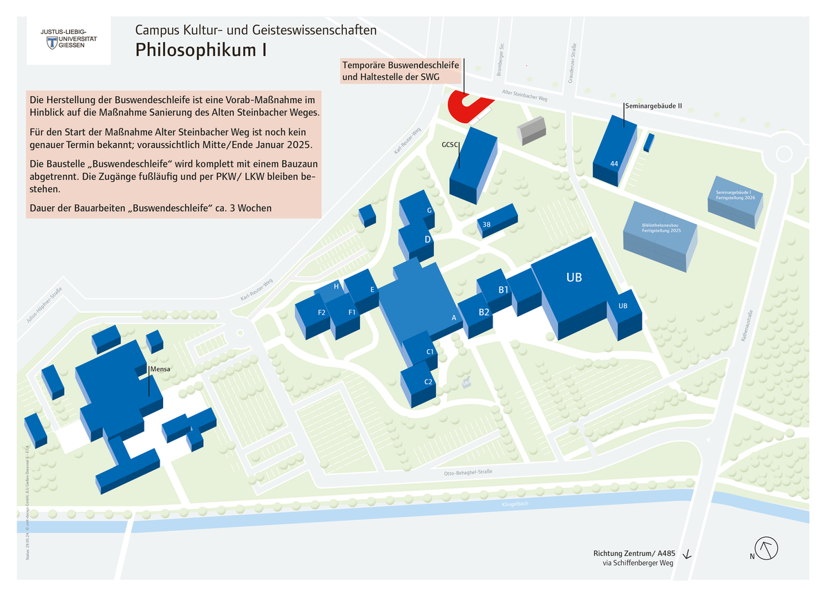 Lageplan des Phil I mit eingezeichneter Buswendeschleife