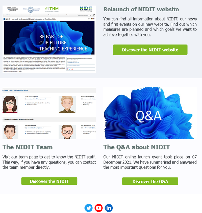 Ausschnitt des NIDIT-Newsletters zum Webseiten-Relaunch. Auf dem Ausschnitt sind drei Bereiche der Homepage zu sehen: Relaunch of Nidit Website, the Nidit Team und the Q&A about Nidit.