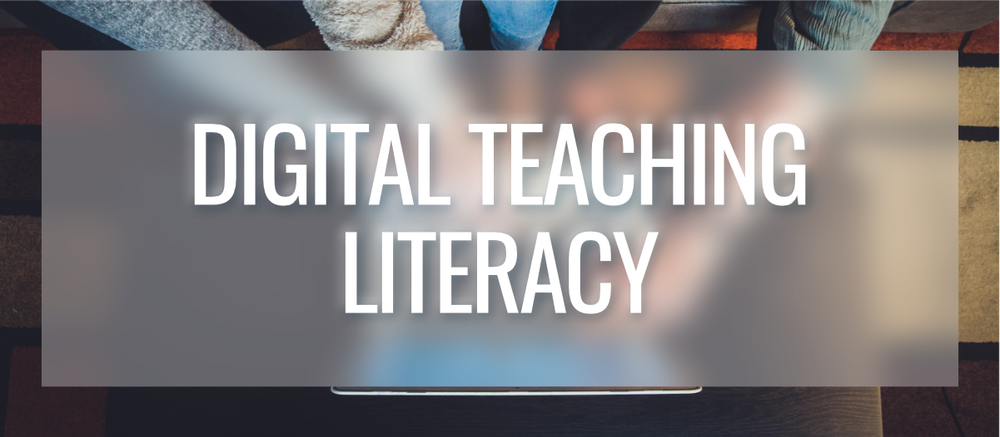 Ziergrafik: Eine Gruppe von Menschen zeigt mit den Fingern auf einen Laptopbildschirm. Der Schriftzug "Digital Teaching Literacy" erscheint.