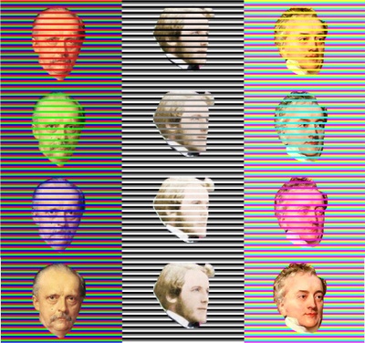 Version der Konfetti-Illusion mit den Gesichtern der Wissenschaftler Hermann Helmholtz, James Clerk Maxwell und Thomas Young. Grafik: Karl Gegenfurtner 