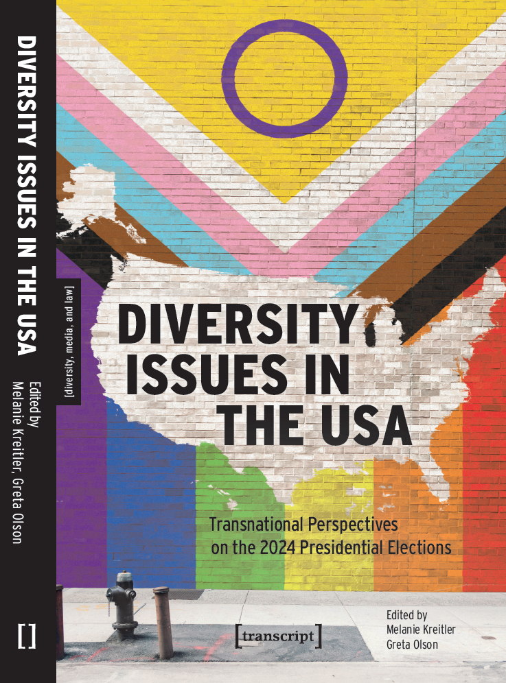 The picture shows the book cover of Diversity Issues in the USA. The cover picture shows the book's title written on a US-shaped space in front of the background of the pride flag.