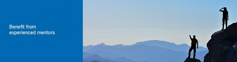 Photo: Two people on top of a mountain, one pointing to the horizon; header: benefit from experienced mentors