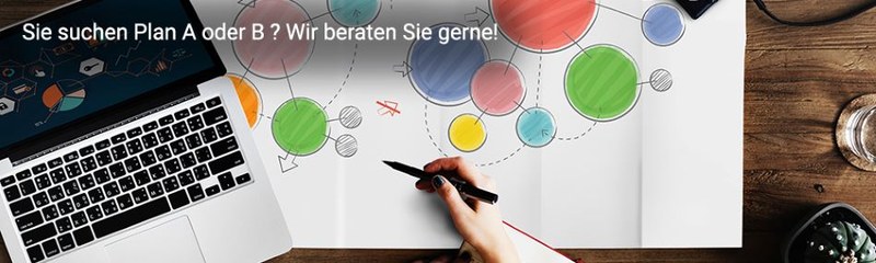 Slider: Bild das Hände zeigt die eine Mind-Map auf einem Poster malt mit der Aufschrift: Sie suchen Ihren Plan A oder B? Wir beraten Sie gerne!