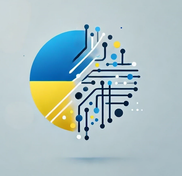 A minimalist logo-style image for 'Ukraine Digital' without the symbol and points. The design features perfectly clean and continuous lines with simple shapes, incorporating the colors blue and yellow to represent the Ukrainian flag. The focus remains on a digital or technological theme, with abstract elements resembling networks, connections, or pixels. The overall style is modern, sleek, and emphasizes unity and progress, with all areas of the image being sharp, clear, and free from smudges or blurring.